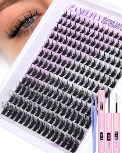 Manga Lash Clusters Kit Wispy Eyelash Clusters with Spikes Anime Cluster Eyelash Extensions Kit 10-20MM Fairy Individual Lashes CC Curly Lash Extensions with Lash Cluster Glue and Tweezers by zanlufly