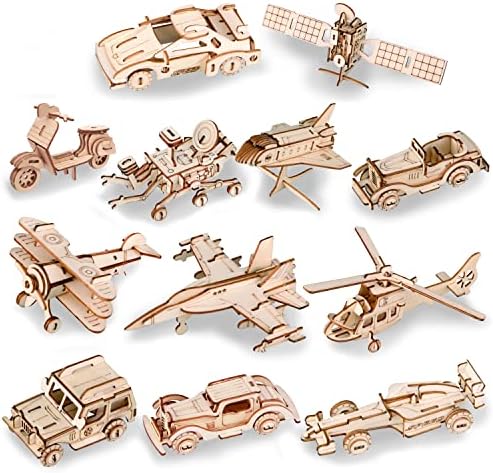 Wooden Puzzle 3D Miniature Vehicles Bundle DIY Set Wooden Model Kit 12 Pack, Model Building Craft, Puzzle Toys Games for Kids and Adults