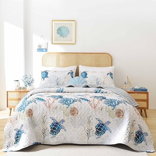weigelia Coastal Quilt Set Queen Size - Sea Turtle Ocean Print Li...