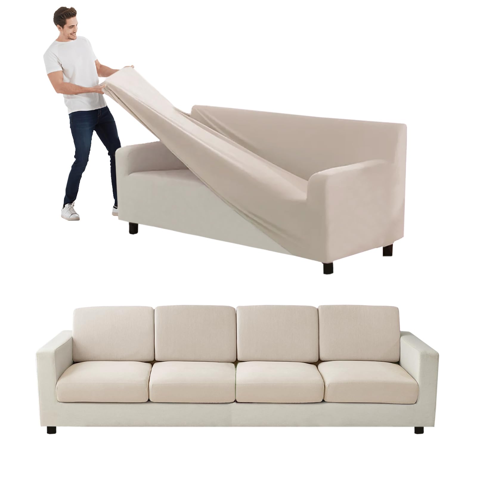 VFGFDJNDFX Couch Cover Velvet, Stretch Sofa Covers with Separate Main Cover Backrests and Seat Cushions Couch Cover, for Living Room Furniture Slipcovers (Ivory,XL Sofa - 11 PCS)