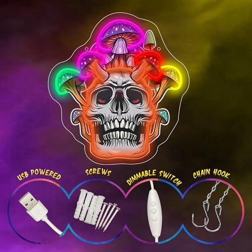 Image of Mushroom Skull Neon Sign For Wall Decor, Colorful UV Printed Neon Light with Retro Design, LED Artwork for Bar, Bedroom, Game Room, Party Decoration Holiday Birthday Gifts