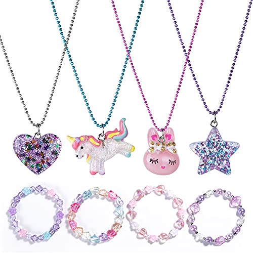 BB-GG, BGSHEMNI 8 Pcs Girls Necklaces and Bracelets Set with Unicorn Star Heart Necklace Toddler Jewelry Gift Toy Party Favors Dress up Play Costume for Little Best Friend Necklaces-A1