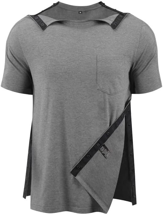 Post Shoulder Surgery Shirts for Men Full Snap Open Tear Away Short Sleeve T Shirt Chemo Port Access Tee Rotator Cuff Surgery