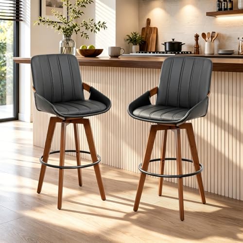 Image of AQG Black Bar Stools 26 Inch Counter Height Set of 2 Leather Counter Stools with Backs, Mid Century Modern Swivel Counter Height Stools, Upholstered Barstools Wood Frame for Kitchen Counter