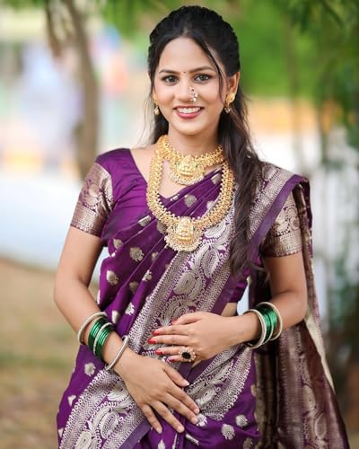 Image of Sugathari Women's Maroon Banarasi Kanchipuram Art Silk Saree for Women - Traditional Wedding & Party Saree with Blouse Piece - Ethnic Indian Silk Saree for Bridal, Festive (KS-156)
