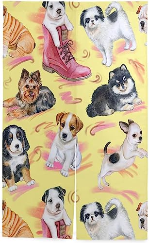 動物 犬 のれん おしゃれ ロング 目隠し 間仕切り 綿麻, 水彩 子犬 ワンちゃん 暖簾 ドア カーテン 障子 戸口 居間 出入り口 玄関 小窓 リビング キッチン 台所 部屋 着替え室 洋室 和室 居酒屋 料理屋 室内 インテリア かわいい のれん棒付