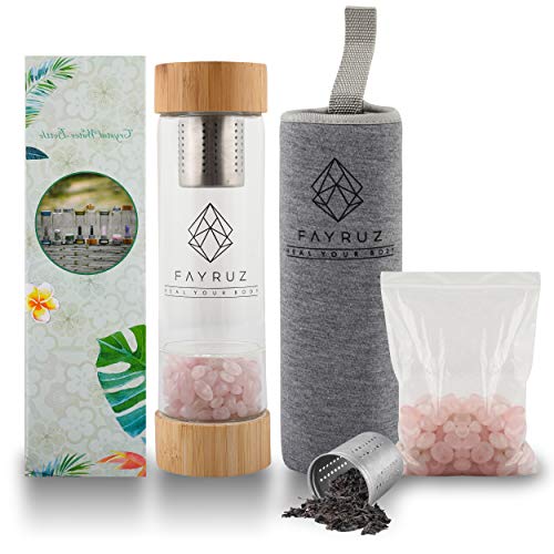 Fayruz Gem Water Bottle,Bamboo Lids Crystal Water Bottle with Rose Quartz Crystal and Tea Infuser Bottle Healing Crystals Tea Mug- Tea, Coffee, Fruit Infused Water (Rose Quartz)