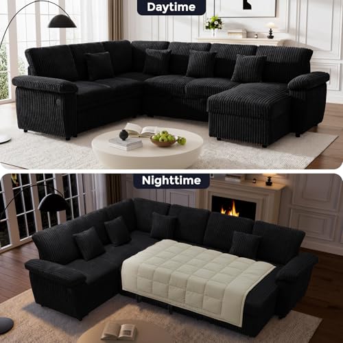 Image of Sectional Sleeper Sofa with Pull Out Bed and Storage Chaise, Fluffy Soft Corduroy Fabric, Modern Comfy U Shaped Couch with USB Charger for Living Room Apartment Small Spaces, Black