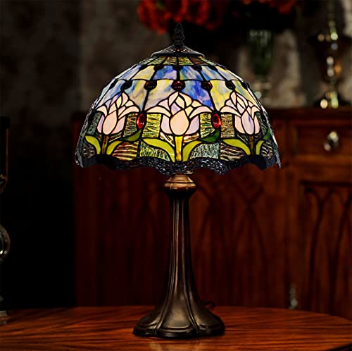 GDXH Tiffany-Stil Pastorale rosa Tulpe Tischlampe, Vintage Blaue Glasmalerei Kristallperlen Schatten Nachttischlampe Schreibtischdekorationslampe mit Legierungssockel Cover