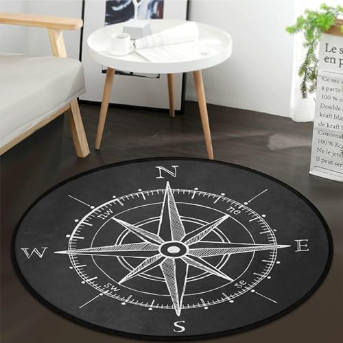 Vintage Wind Rose Kompass schwarz runder Teppich für Schlafzimmer Wohnzimmer Arbeitszimmer Spielen,...