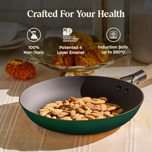 Image of CUMIN CO. LITE Cast Iron Fry Pan | 26 cm, 2L | Induction Base Cookware | 5 Years Warranty | Non Toxic Non Stick Pan for Omelette | Chemical Free Coating | No Seasoning Needed | Green