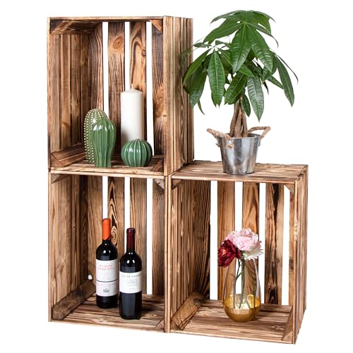 LAUBLUST Caisses en bois vintage flammé, Lot de 3 | Caisses à vin, caisses à fruits et légumes - env. 50x40x30cm | Caisses de décoration & pour la fabrication de meubles