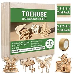 TOEHUBE Unfinished Basswood Sheets (12x12x1/16″) – 30 pack.
