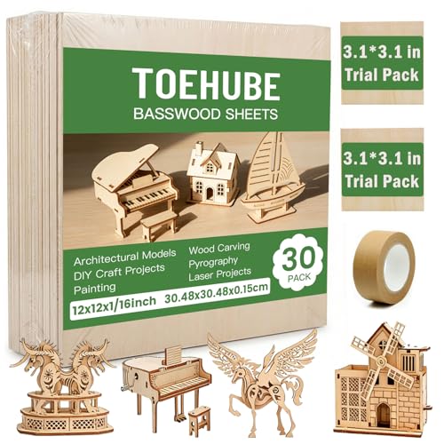 TOEHUBE Unfinished Basswood Sheets (12x12x1/16″) – 30 pack.