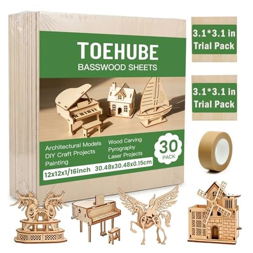12 X 12 X 1/16 Inch Basswood Sheets, 30 Pack Plywood Sheets, Unfinished Thin Wood Boards Blanks for Laser Cutting, Engraving, DIY Crafts, Burning, Painting, Model Carving