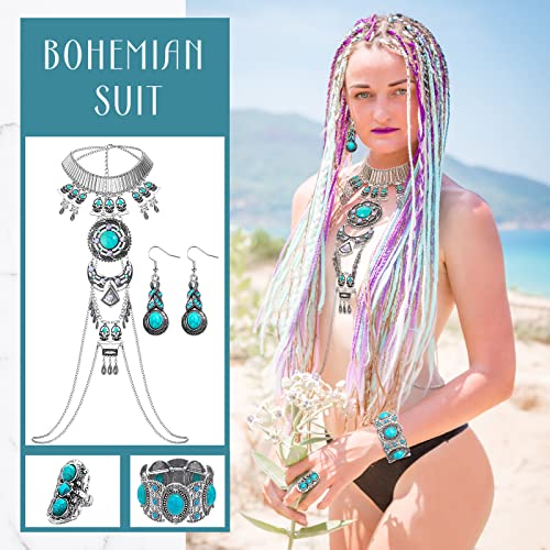 4 Pcs Boho Turquoise Jewelry Set Includes Boho Statement Necklace Body Chains Alloy Oval Resin Drop Dangle Earrings Adjustable Heart Compressed Turquoise Bracelet Statement Ring for Women3
