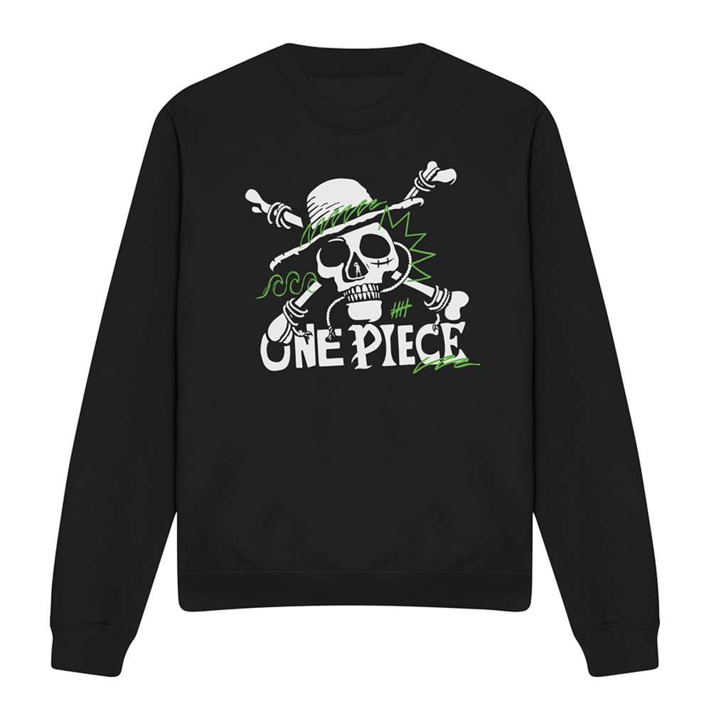 One Piece Green Doodle Jolly Roger Logo Unisex Sweatshirt, Black, Medium