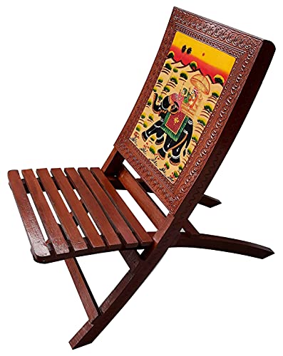Image of SAARTHI Rajasthani Dhola Maru Handmade Wooden Ethinic Antique Designer Folding Chairs and Table Set for Home| Decor| Office| Garden| Outdoor| Indoor| Balcony| Launge| Lawn| Cafe| Bar| Living Room| Bedroom Room| Childern Room Decor| Outdoor Sitting , Multicolour (2 Elephant Chair + 1 15 Inch Elephant Table)