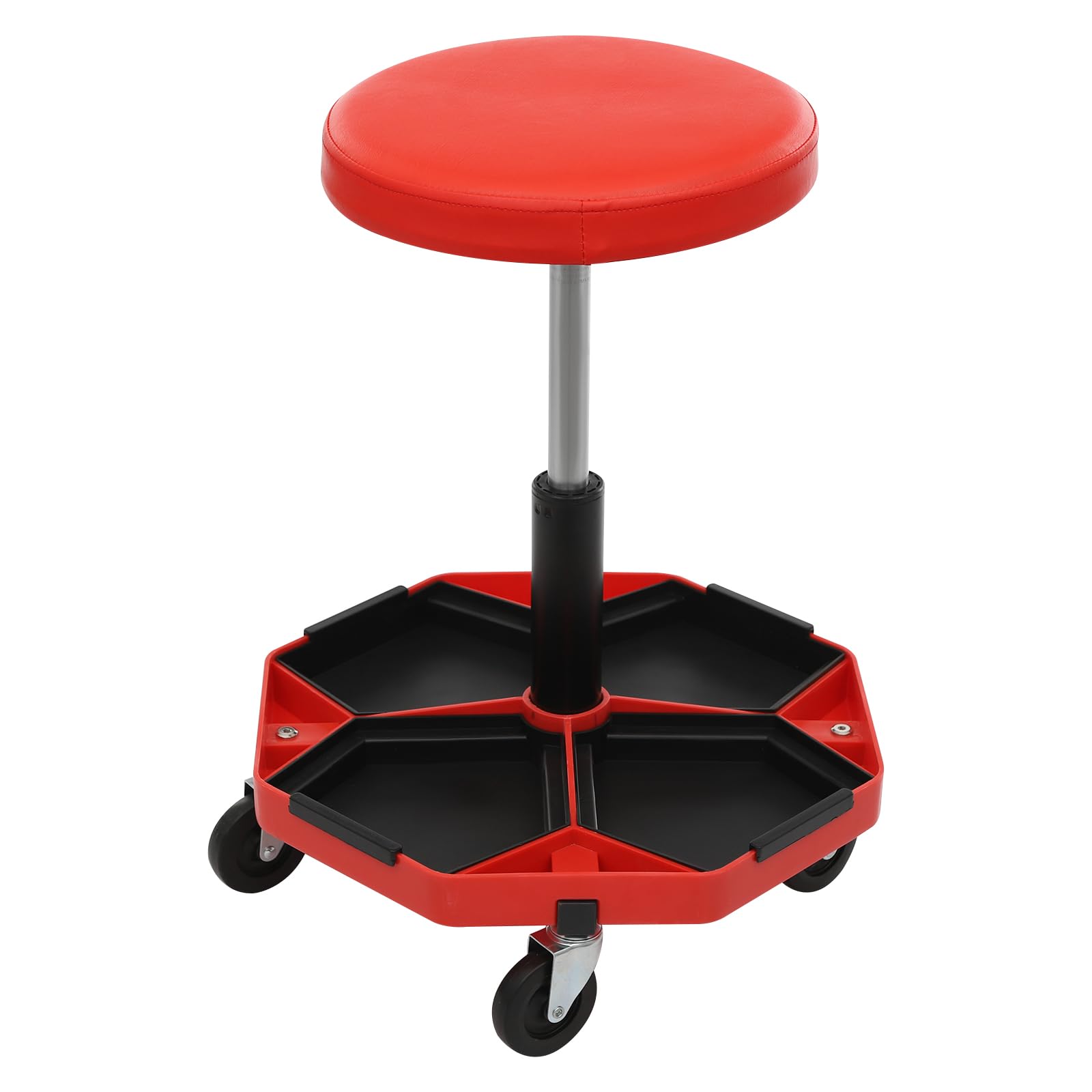 Sgabello da officina, sedia a rotelle da officina, capacità di carico 150 kg, sgabello da officina con 4 ruote universali, 45-61 cm, altezza regolabile, sgabello pneumatico (rosso)