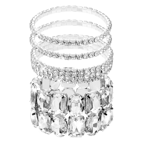 Rbenxia 4 Pcs Silver Bracelets for Women Crystal Stretch Bracelets Stackable Layered Fake Jewelry for Wedding Party Costume (Silver)