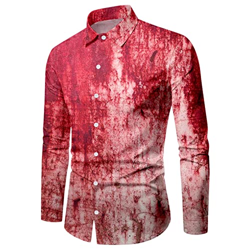 Camiseta Basket con Cuello Vuelto de Manga Larga con Estampado de Mancha de de Halloween para Masculina Camiseta Manga Larga (Red, M)