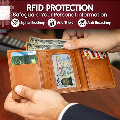 Image of BULL GUARD Trifold Wallet with RFID For Men, Genuine Real Leather - Top Grain Cowhide Tan, Durable & Compact Tri-Fold Design with Strong Stitching for Comfortable Pocket Fit, Secure Everyday Carry