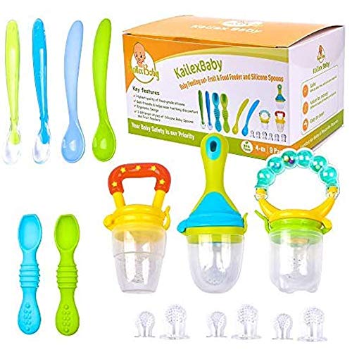 KAILEXBABY 18 pcs Baby Teething Set, Silicone Baby Pacifiers, Baby Fruit Feeder Pacifier, Baby Food Feeder, Teething Silicone Baby Spoons, Baby Feeding Supplies