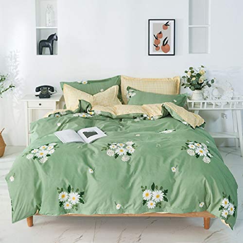 Daisy Duvet Cover Geometric Grids Comforter Cover Green Natural Theme Bedding for Kids Girls Teen Soft Microfiber Reversible Quilt Set Modern Simple Bedspread,1 Duvet Cover with 1 Pillowcase,Twin