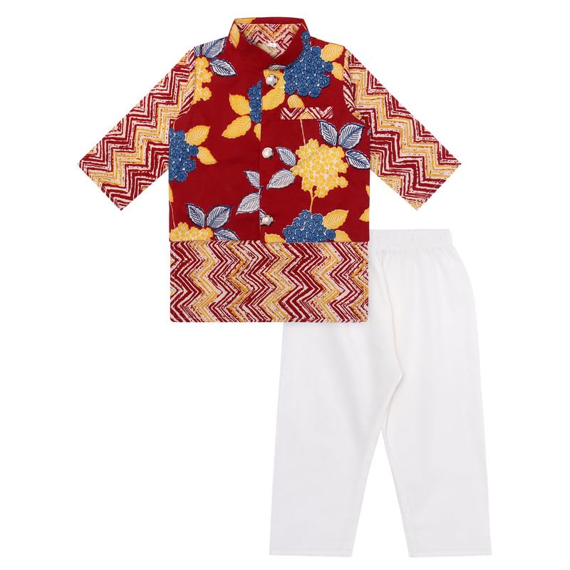 Image of superminis Boys Cotton Printed Full Sleeves Kurta With Ajrakh Printed Jacket and Pyjama Set