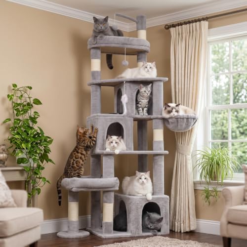 Image of 74 Inch Heavy Duty Cat Tree for Large Cats, Multi-Cat Tower with 3 Condos, Tall Cat Condo with XL Platform, Hanging Basket & Sisal Scratching Posts, PMT04GY, Grey