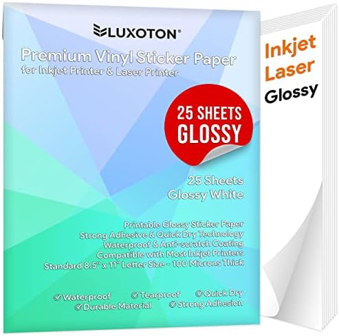Printable Vinyl Sticker Paper for Inkjet Printer & Laser Printer - 25 Sheets Glossy Waterproof Sticker Paper, Printable Sticker Paper for Cricut, Glossy Sticker Paper for Printer - Letter 8.5" x 11"