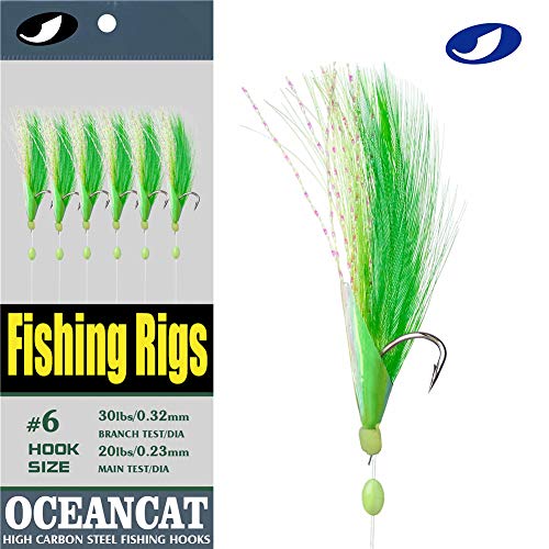 Ocean Cat 10Packs 6 Hook/Set Fishing Rigs Green Feather Fishskin String Hook Fishing Lure Saltwater Freshwater Bait Rig Tanckle 2/0#1/0#2#4#6#8#10# (Green, 4#) #TOP1