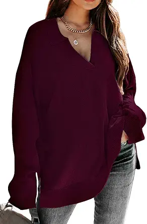 LILLUSORY Women's V Neck Collared Oversized Long Sleeve Knit Pullover Tunic Sweaters Top