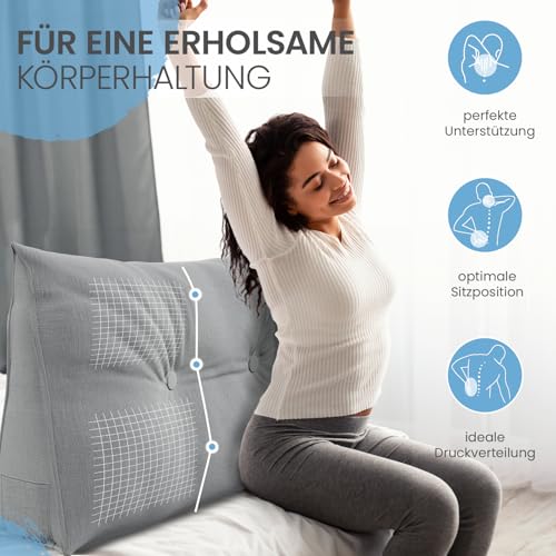 ELONEO Rückenkissen 90 cm breit, Keilkissen für Bett und Sofa geeignet, dreieckiges Lesekissen, Kissen mit abnehmbarem und waschbarem Bezug, mit praktischem Seitenfach