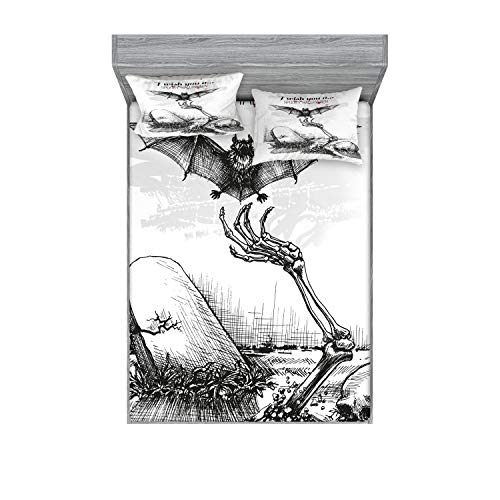 Ambesonne Halloween Fitted Sheet & Pillow Sham Set, Dead Skull Skeleton Out of The Grave and Flying Bat Hand Drawn Spooky Picture, Decorative Printed 3 Piece Bedding Decor Set, King, Black Ecru