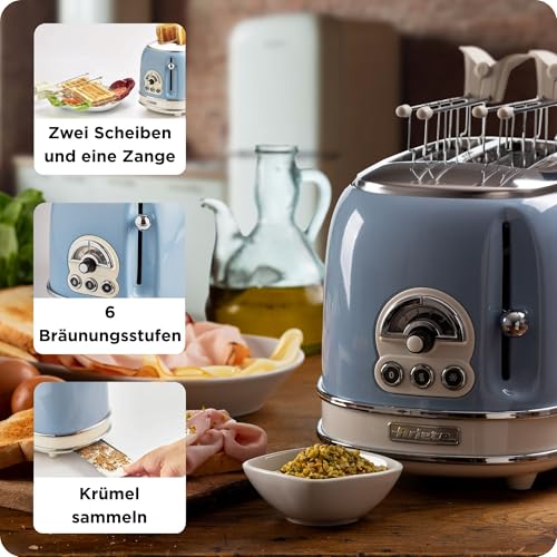 Foto von Ariete Vintage 155, 2-Scheiben-Toaster, Retro Toaster mit 6 Toaststufen, Automatischer Auswurf, Auftaufunktion, Herausnehmbares Krümelfach, Gehäuse aus Edelstahl, mit Sandwichzangen, 810W, Blau