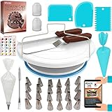 RFAQK 64PCs Cake decorating supplies kit with Non-Slip Cake Turntable-Cake leveler- 24 Numbered Icing Piping Tips with Pattern Chart and EBook- Straight & Angled Spatula-30 Icings Bags- 3 Scraper set