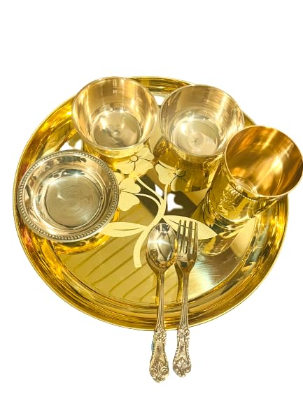 M&V CRAFT PURE Brass Flower Design THALI Set, Pack OF-07 Pieces, Suitable for Dining and Gifting Purpose