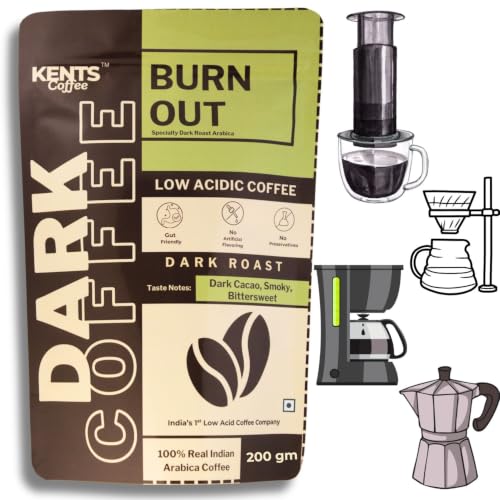 Image of Kents Coffee Burn Out - Dark Roast Coffee | LOW ACIDIC COFFEE | Medium Fine Grind | For Mokapot, Drip Machine, V60, South Indian Filter, Pour Over | Taste like Bold, Smoky & Bittersweet | 100% Arabica Beans | Dark Roast Honey Sun Dried | Speciality Coffee | French Roast 200gm
