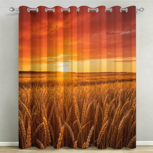Cortinas Salón Grande Opacas Campo de Trigo Amarillo Cortinas Térmicas Aislantes con Ojales 2 Piezas 3D Campos Rurales Cortina Blackout Dormitorio Ventana de Suelo a Techo 2X 140x260 cm C/1474