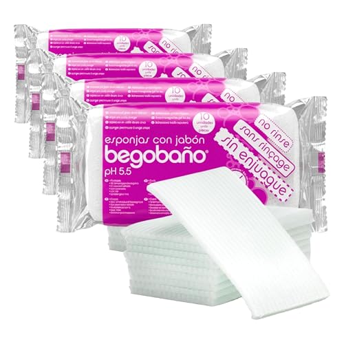 Jalsosa - Begobaño Éponge Savonneuse Jetable Sans Rinçage, Éponge de Bain Jetable avec Gel Dermatologique et Hypoallergénique, Lot de 40 Unités