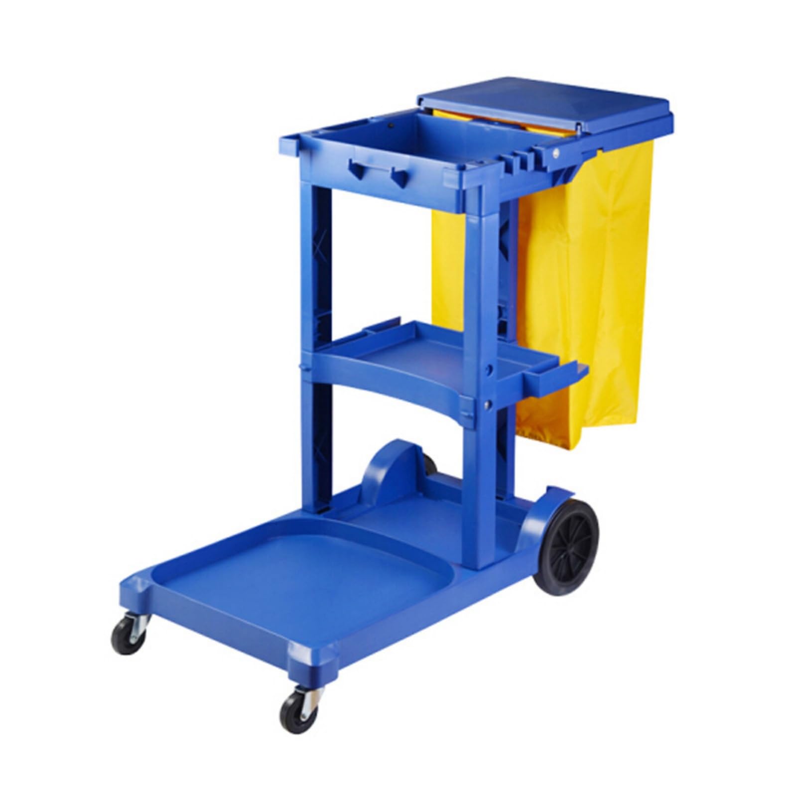 KJZQXYX Janitorial Cleaning Cart,Wheeled Housekeeping Cart,with 3 Shelves and Yellow Vinyl Bag/Lid, for Efficient Cleaning Operations (Blue B)