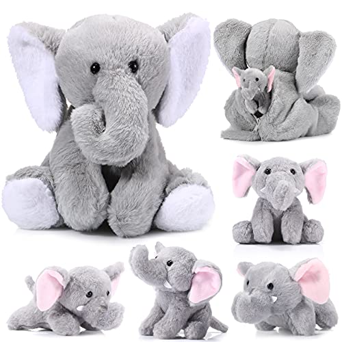 Image of Skylety 5 Pcs Plush Elephant Stuffed Animals with Babies, Mommy Elephant with 4 Plush Baby Soft Elephants Animals Play Set for Party Supplies, Favors, Decorations, Stocking Stuffers(White and Gray)