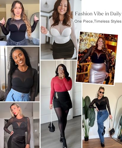 Popilush Long Sleeve Body Suits Womens Tummy Control Mesh Shapewear Bodysuit Sheer Mock Neck Going Out Tops Fall Outfits2