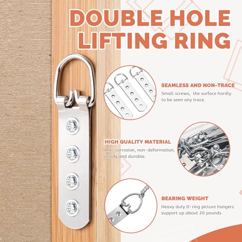 Image of 20 Pack D Ring Picture Hangers with Screws, Heavy Duty 4 Holes Picture Hanging Hardware Picture Hooks for Painting Clock Mirror Photo Artwork Picture Frame with Box