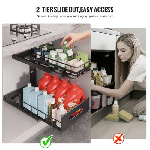 Image of Under Sink Organizer Upgrade To Professional Rails,2-Tier Dual Pull Out Cabinet Storage,Height Adjustable Slide Out Drawers For Bathroom Kitchen,2 Pack-14.5 inch Dx12.8-16.9 inch H,Black