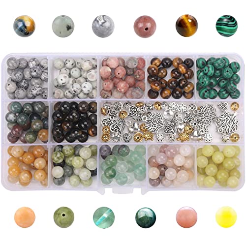 Potosala 240pcs Perles De Pierre Naturelle 8mm Perles De Pierre Semi Précieuses Précieuses Perle Lâche Naturelle avec Chaîne De Cristal Accessoires De Fabrication De Bijoux Artisanat DIY