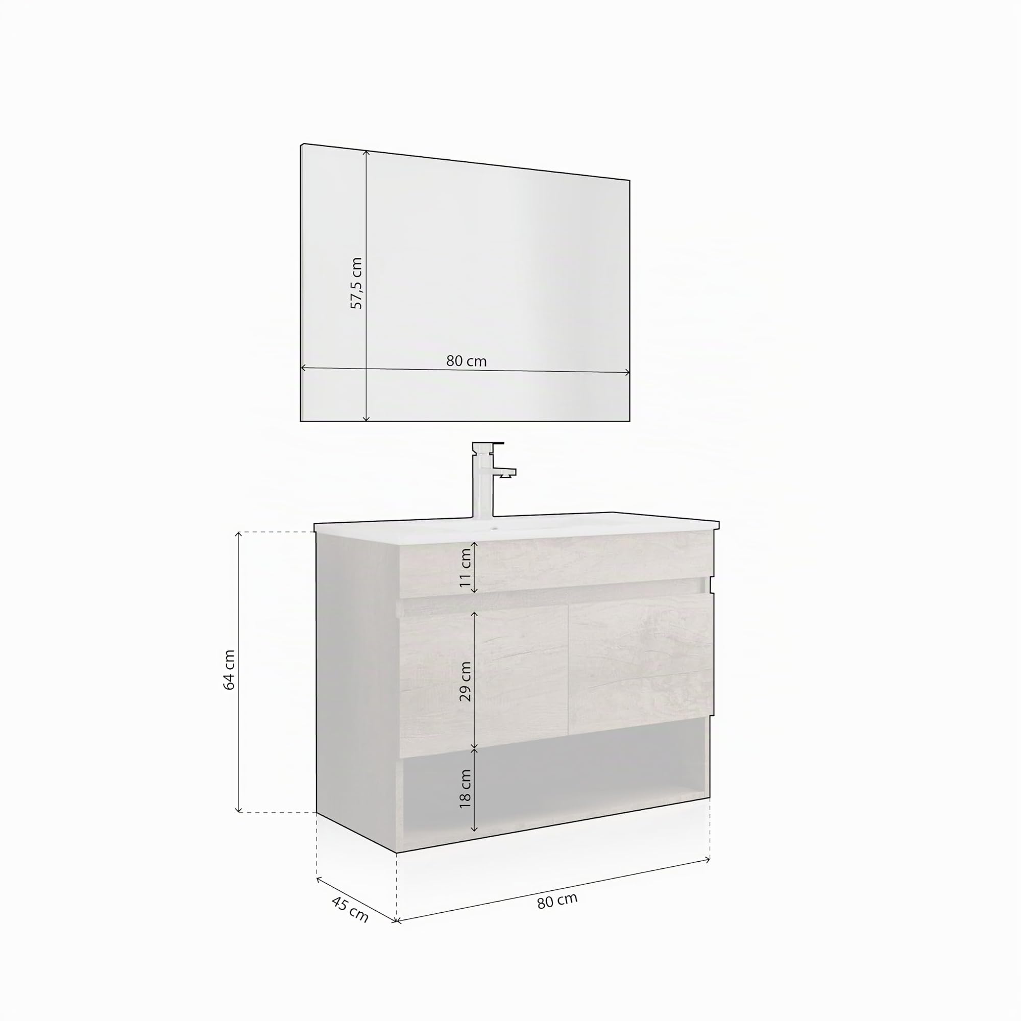 duehome | Mueble de Baño Suspendido con 2 Puertas, Espejo y Lavabo Cerámico, Modulo Colgante, Modelo Thai, Acabado en Nordik, Medidas: 80 cm (Ancho) x 64 cm (Alto) x 45 cm (Fondo)