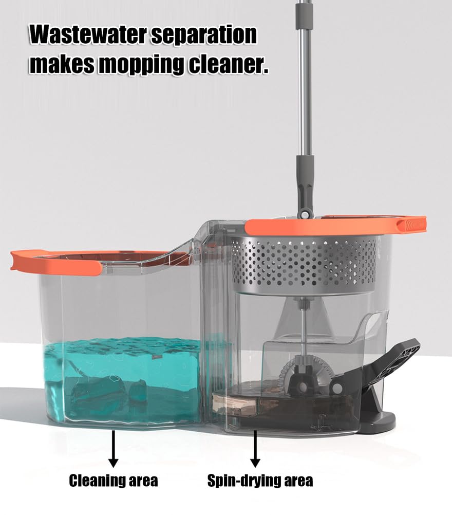 Juego de Cubo y fregona giratoria Plegable con Pedal, fregona 2 en 1 autoescurrido, Cubo de fregona de Almacenamiento Plano Desmontable para Lavar y secar Suelos fácilmente