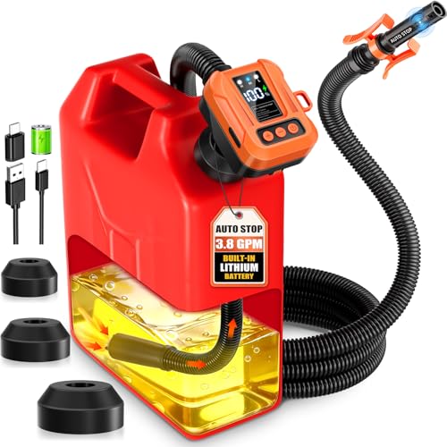 Electric Fuel Transfer Pump Automatic 3.8 GPM Gas Can Pump Cordless Fuel Pump Built in 6000mAh Rechargeable Battery LED Display Auto Stop Adjustable Flow 90 Hose 3 Adapter for Gasoline Diesel